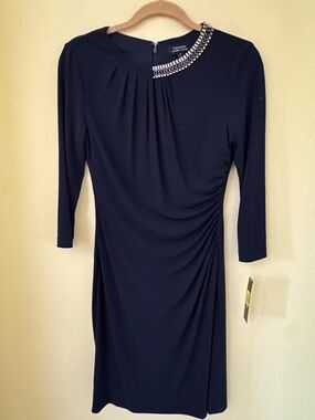 Tahari Navy Blue Beaded Ruched Cocktail Dress Size 4 NWT